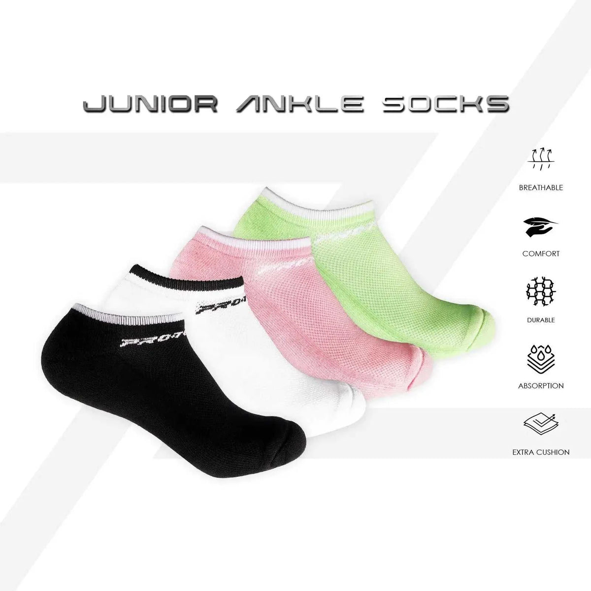 PROTECH Junior Cotton ankle sport socks in black, white, pink and lime green with cushioned soles and elastic cuffs
