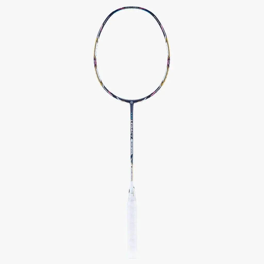 PROTECH LEGACY 319 VH badminton racket with a slim dark blue shaft, white grip and multicoloured accents on the frame