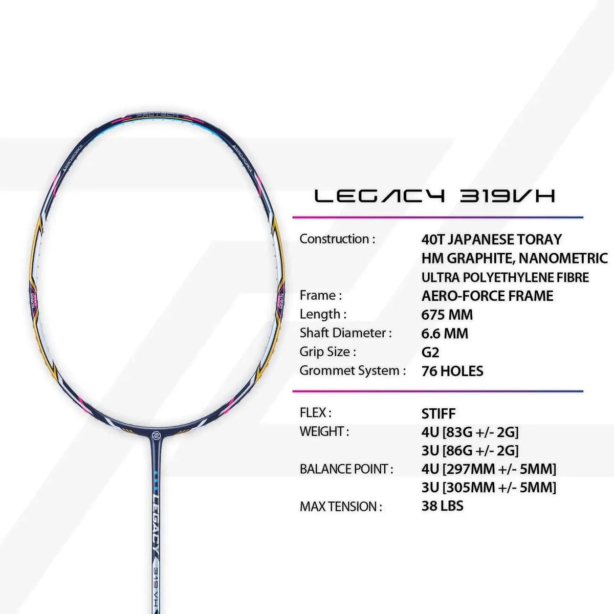PROTECH LEGACY 319 VH badminton racket with a slim oval frame, white shaft and multicoloured accents, shown with specifications