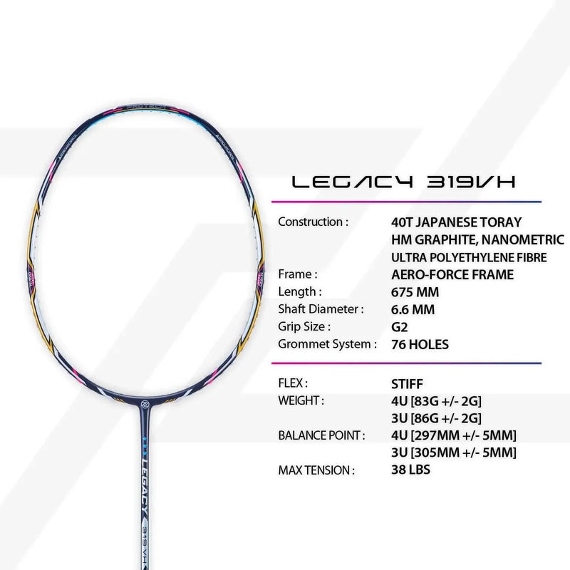 PROTECH LEGACY 319 VH badminton racket with a slim oval frame, white shaft and multicoloured accents, shown with specifications