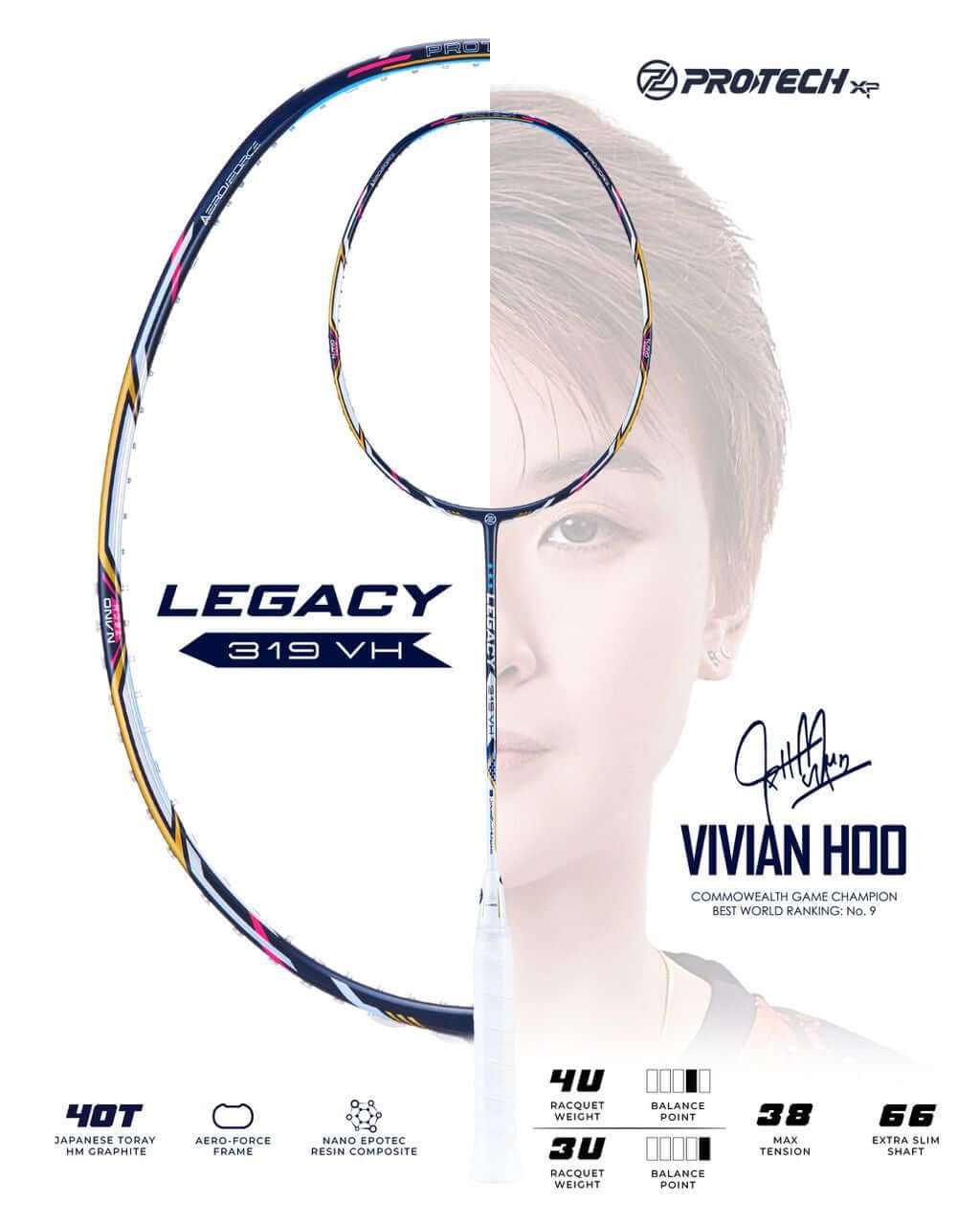 PROTECH LEGACY 319 VH badminton racket with a blue, black and yellow patterned frame, slim shaft and Vivian Hoo edition graphic