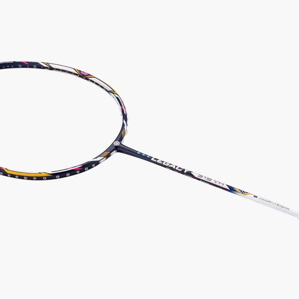 PROTECH LEGACY 319 VH badminton racket with a white shaft, dark frame and multicolour accent pattern