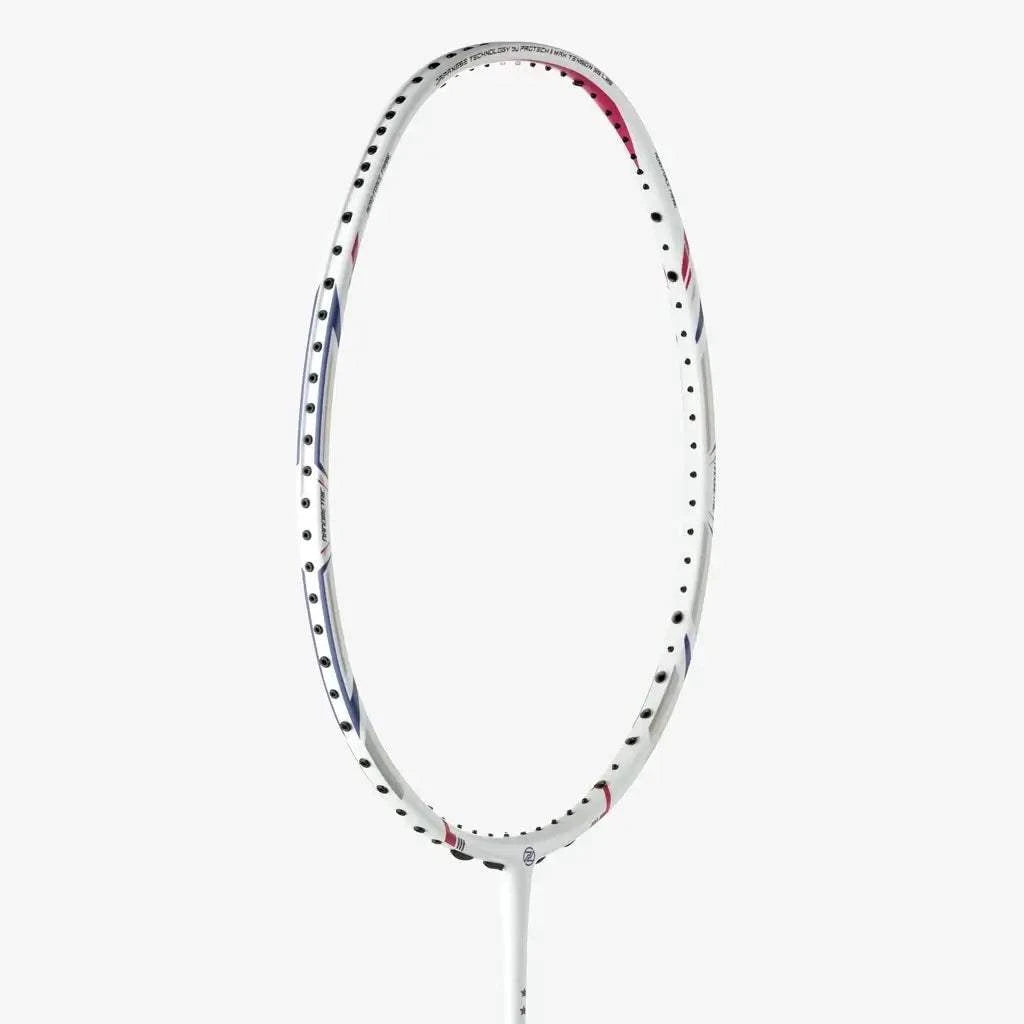 PROTECH LEGACY LX-130S badminton racket with a white graphite frame, black detailing, and red and blue accents