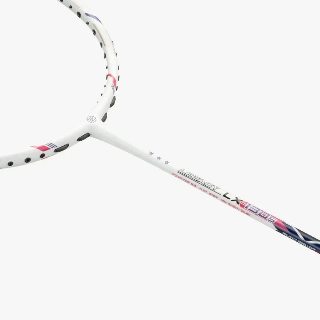 PROTECH LEGACY LX-130S badminton racket with a white frame and shaft, black grommets, and pink, blue and red accents