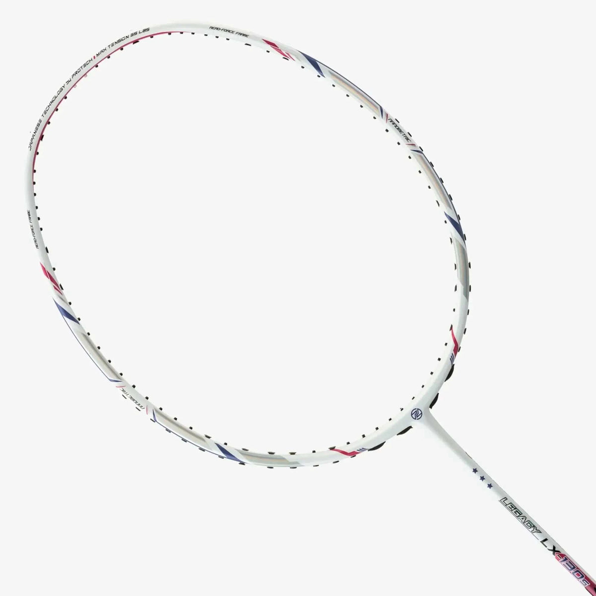 Badminton racket, PROTECH LEGACY LX-130S, with a white frame and shaft accented by red, blue and black graphics