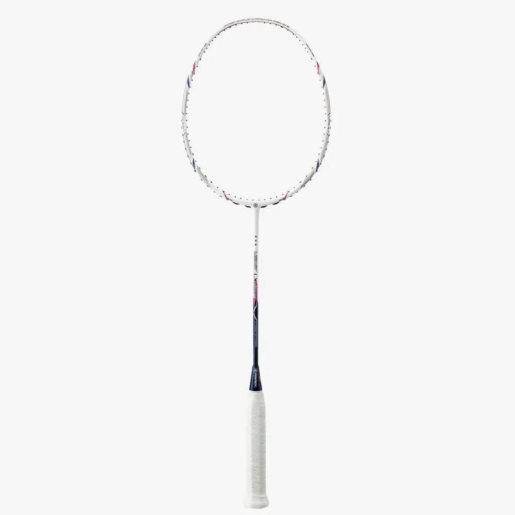 PROTECH LEGACY LX-130S badminton racket with a white graphite frame, dark purple shaft accents and wrapped grip