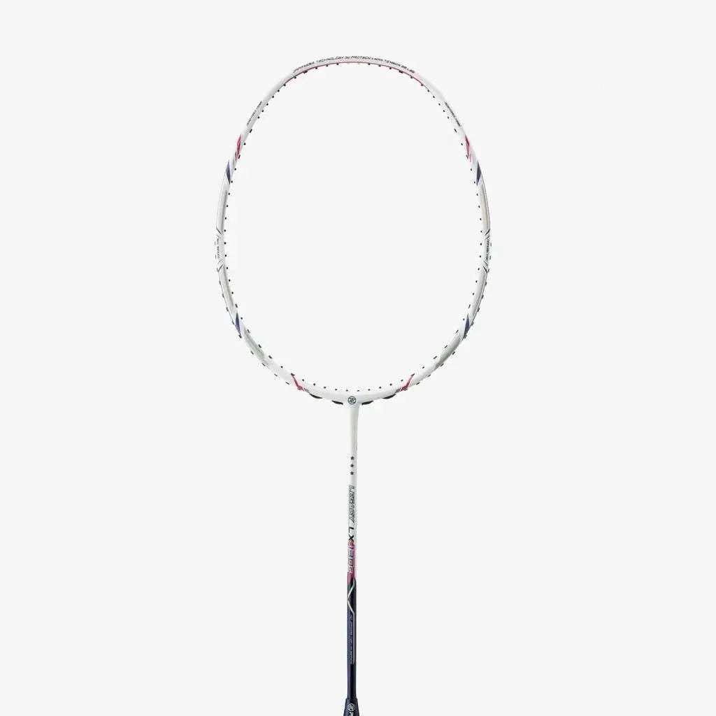 PROTECH LEGACY LX-130S badminton racket with a slim graphite shaft and white frame accented by red and blue details