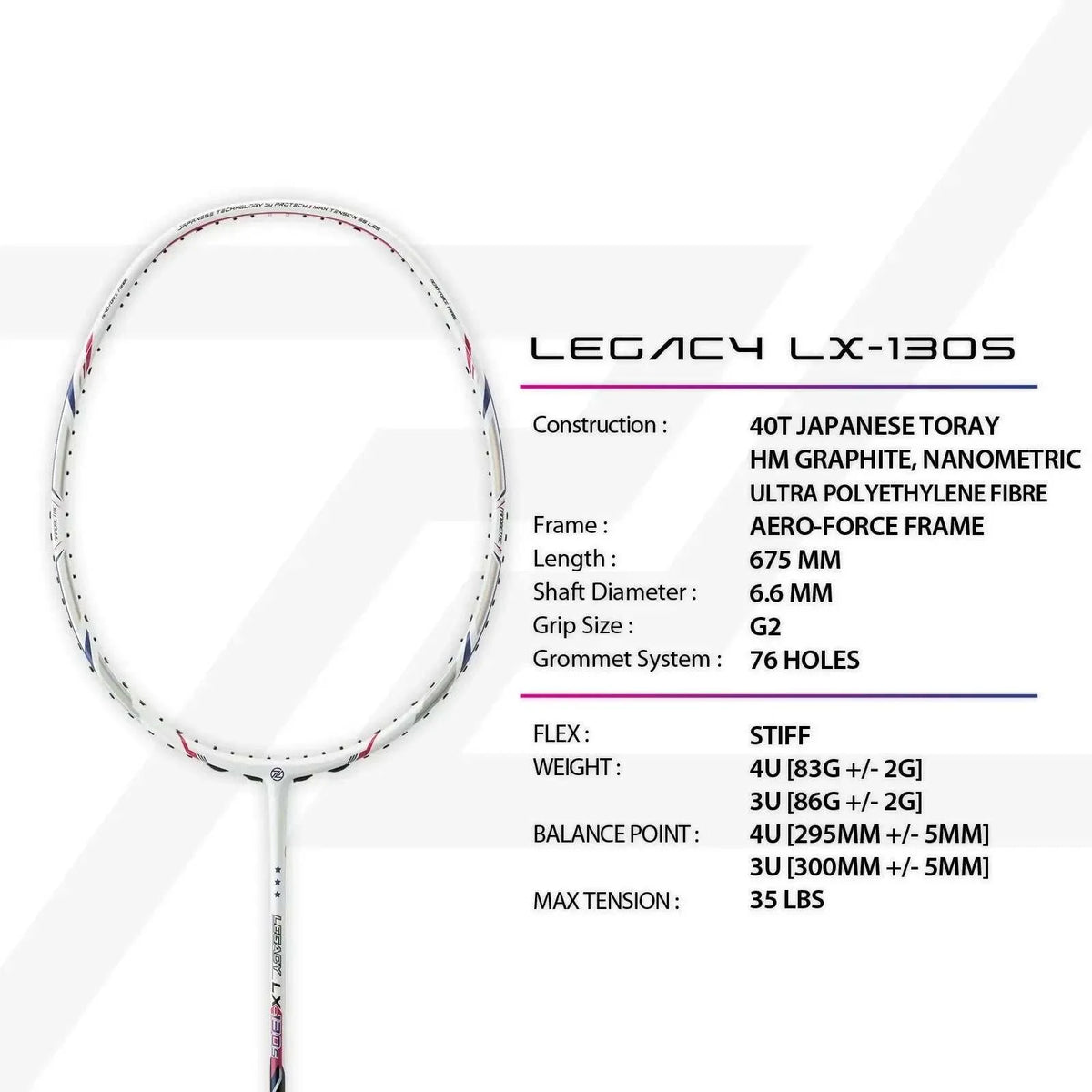 PROTECH LEGACY LX-130S badminton racket in white and silver with red and blue accents, slim graphite frame and shaft