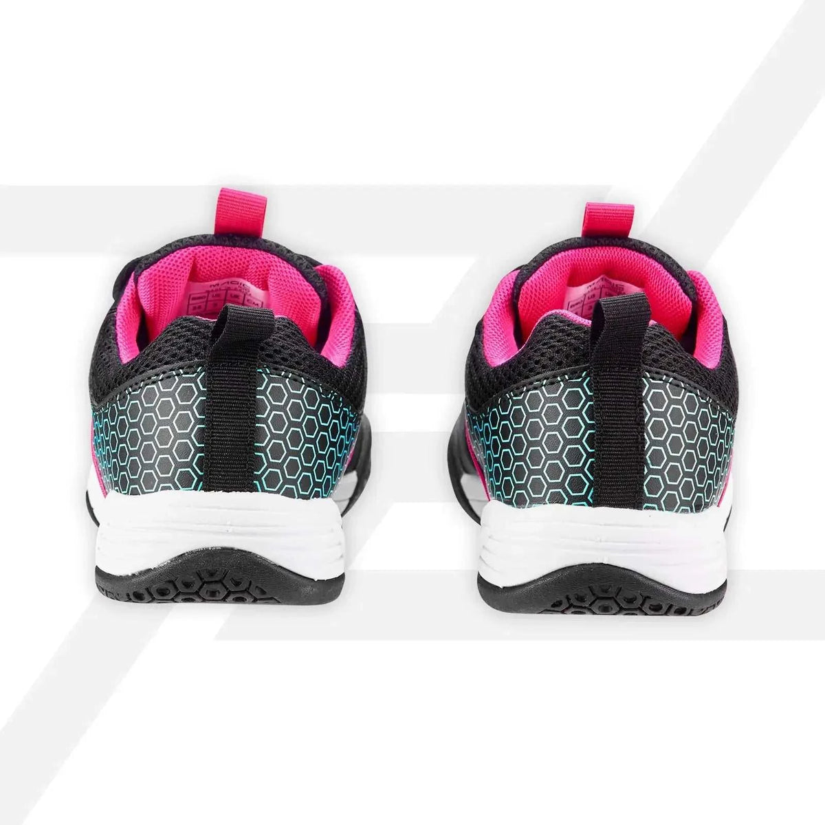 PROTECH MAGIC 100 junior badminton court shoes with black geometric mesh uppers, bright pink lining and white soles