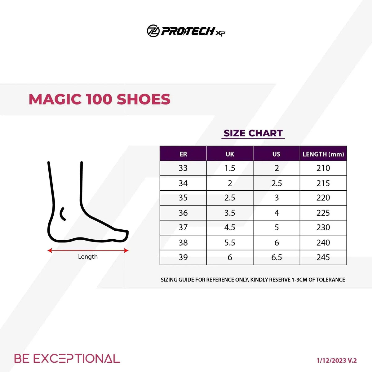 PROTECH MAGIC 100 junior badminton shoes size guide with European, UK and US sizes and foot length measurements