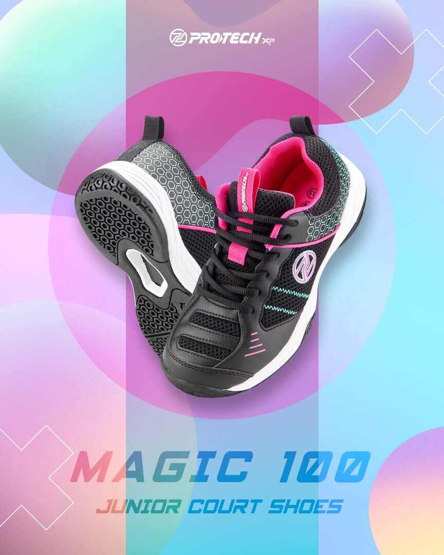 PROTECH MAGIC 100 junior badminton court shoes in black and grey mesh with hot pink accents and patterned soles