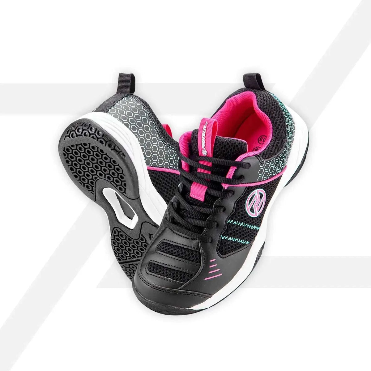 PROTECH MAGIC 100 junior badminton court shoes in black and grey mesh with hot pink accents and patterned soles