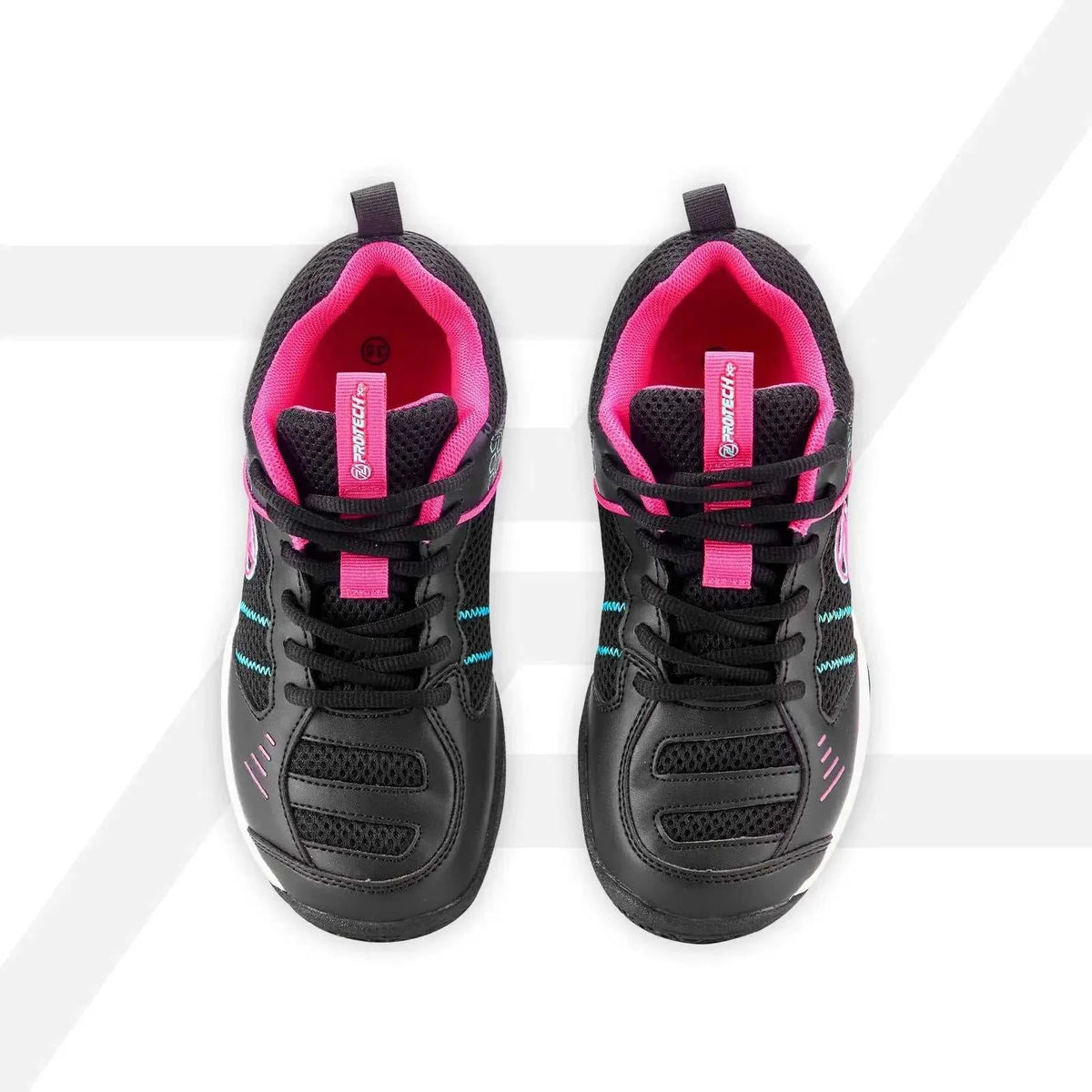 PROTECH MAGIC 100 junior court shoes in black mesh with hot pink lining, turquoise accents and lace-up design