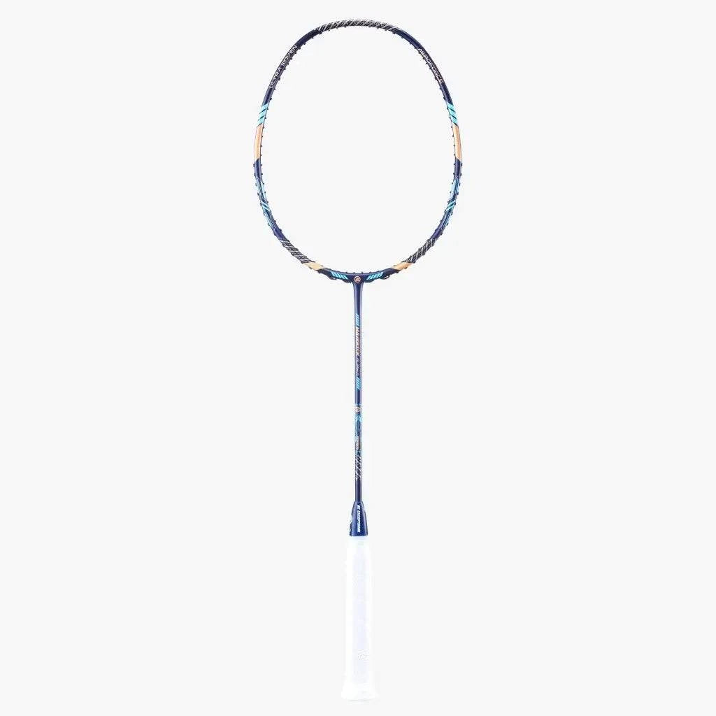 PROTECH MAVERICK ALPHA badminton racket with a slim graphite frame, blue and purple accents, and white grip