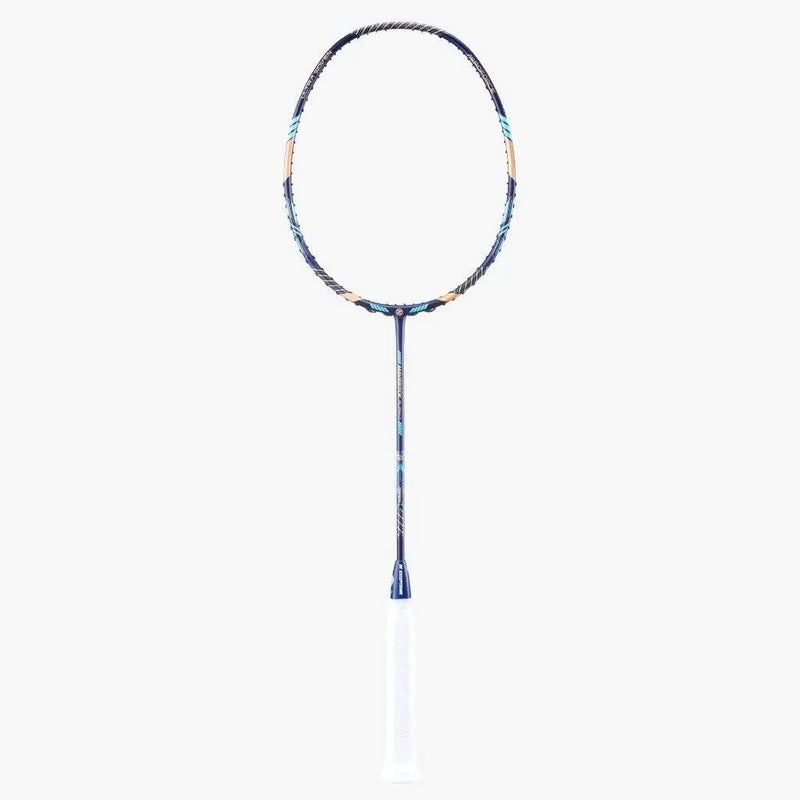 PROTECH MAVERICK ALPHA badminton racket with a slim graphite frame, blue and purple accents, and white grip