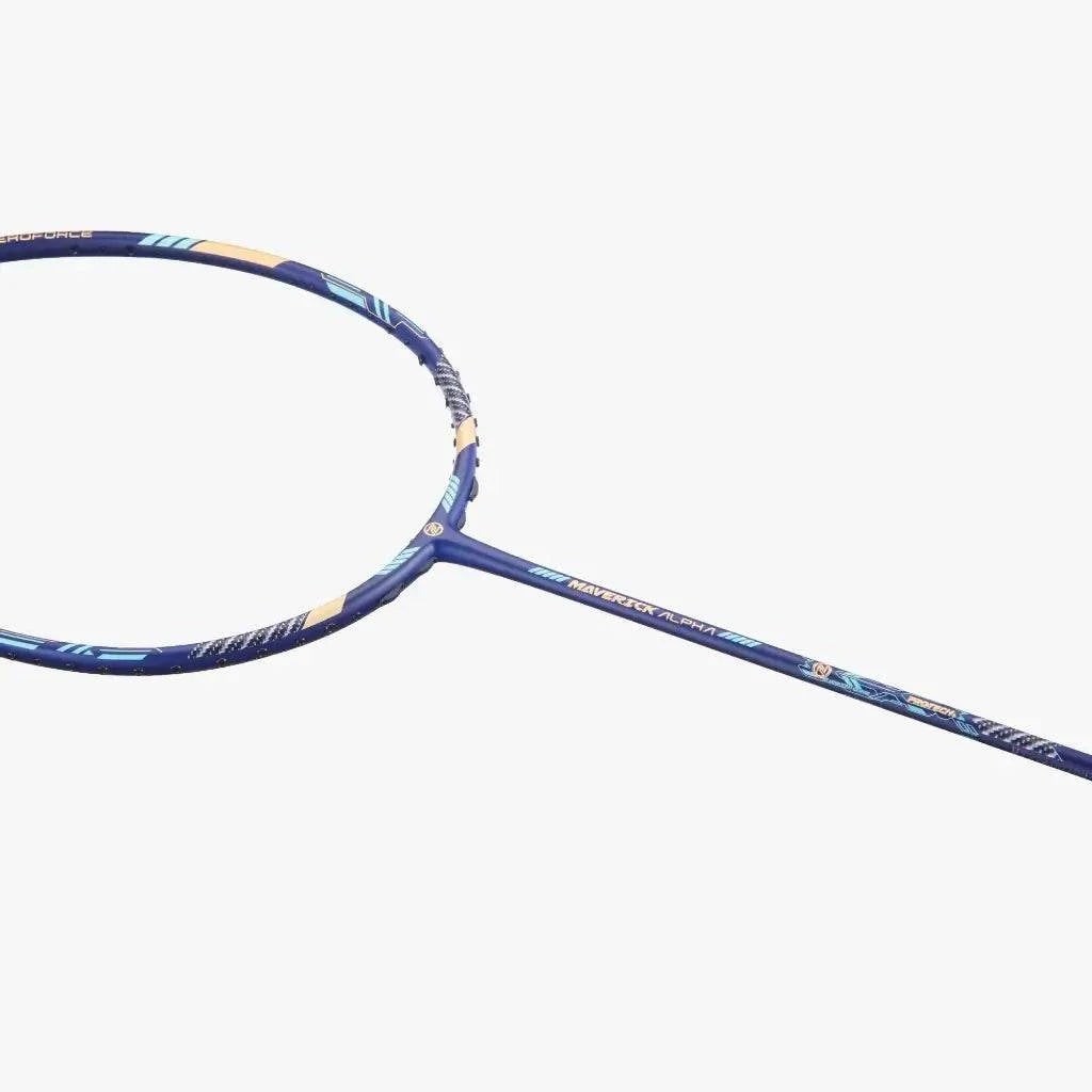 PROTECH MAVERICK ALPHA badminton racket in blue with aqua and gold accents, slender graphite frame and shaft