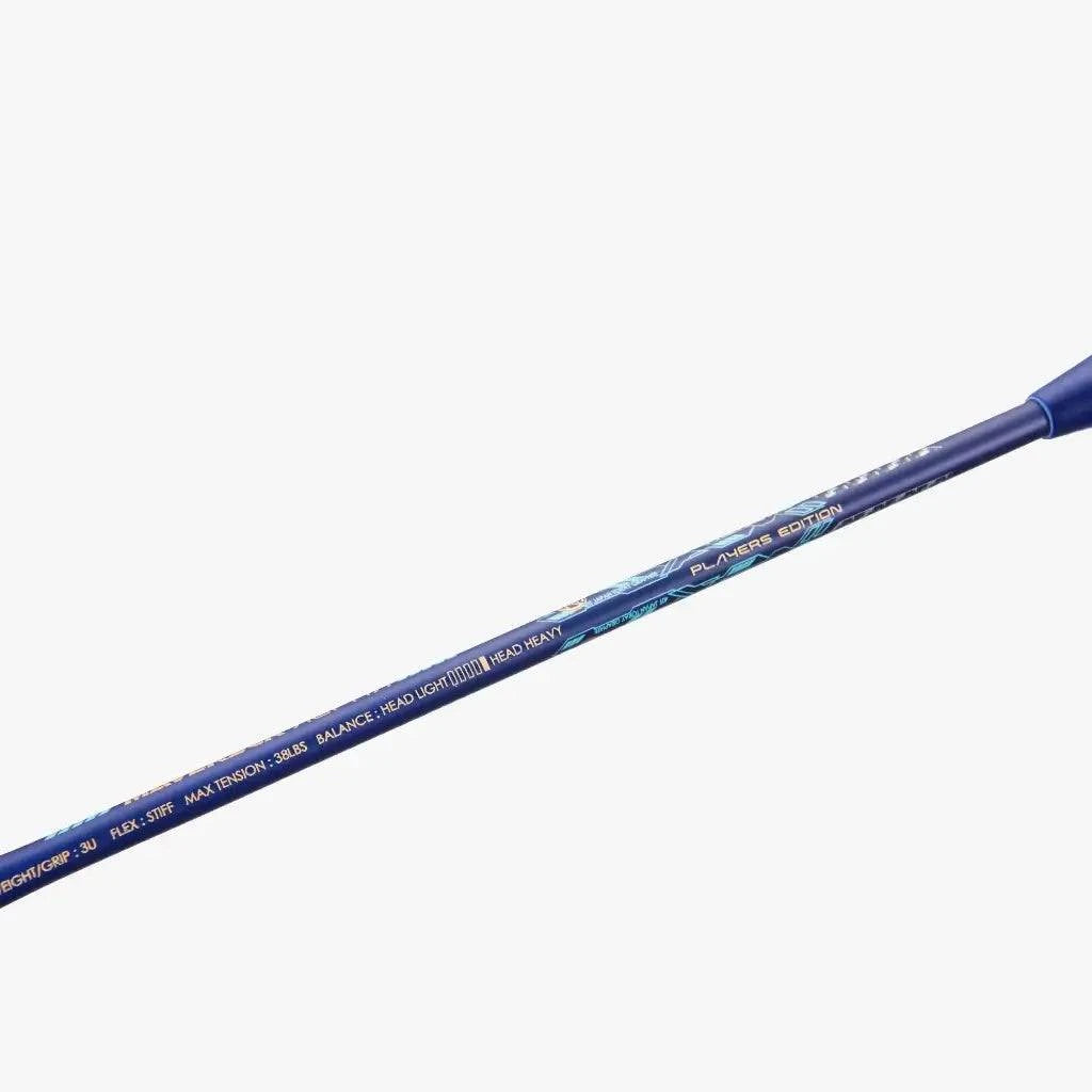 PROTECH MAVERICK ALPHA badminton racket with a slim blue graphite shaft and colorful printed lettering