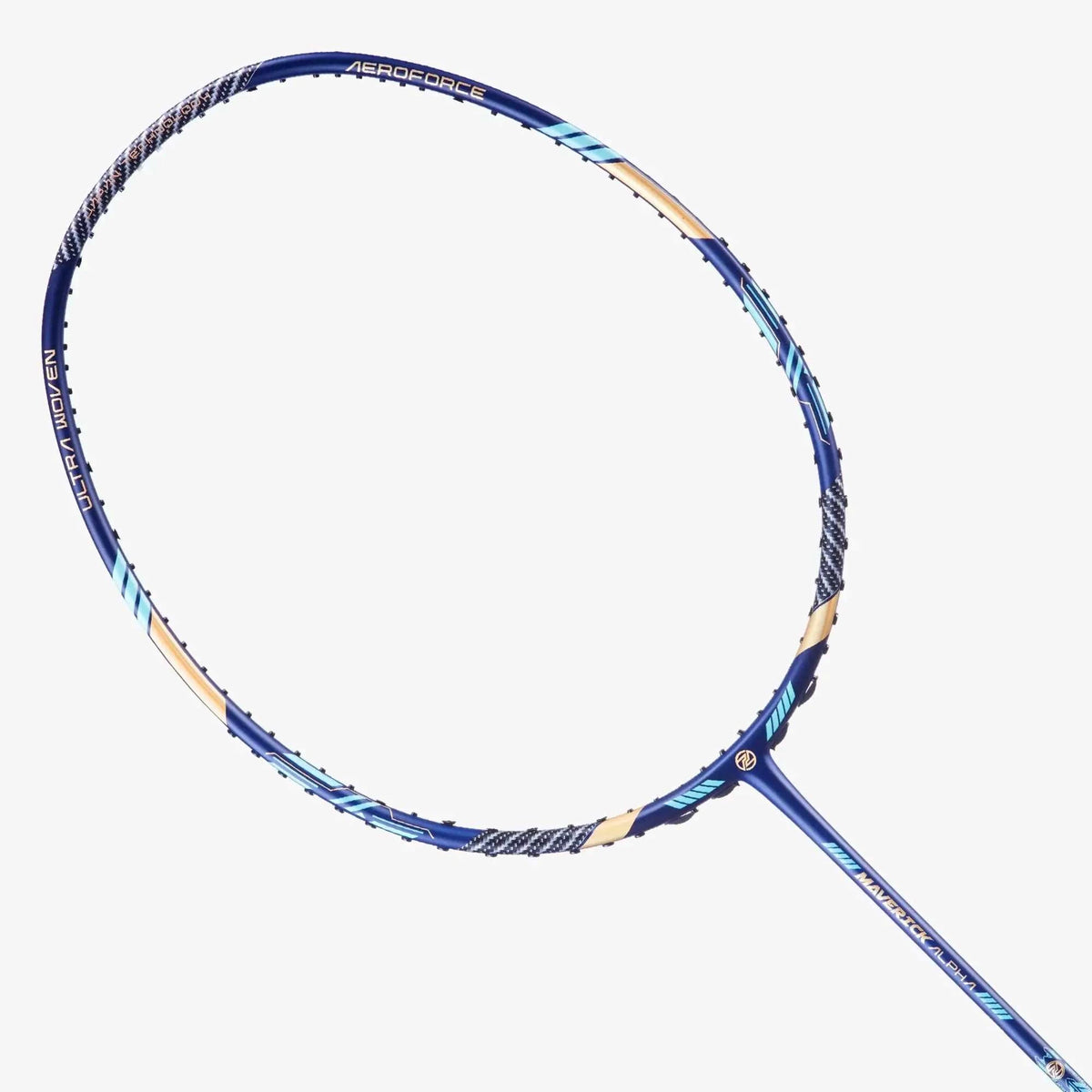 PROTECH MAVERICK ALPHA badminton racket with a blue graphite frame, cream and light blue accents, and slim shaft