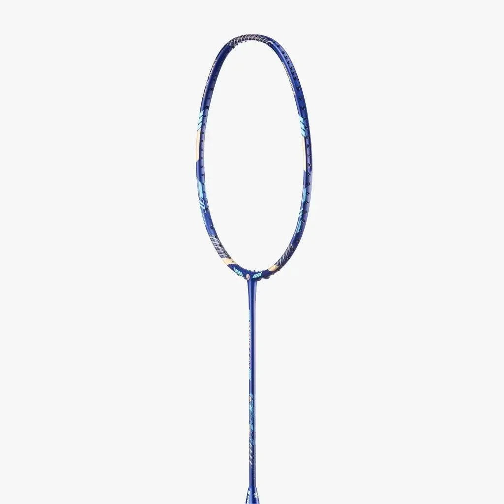 PROTECH MAVERICK ALPHA badminton racket in blue and navy with a slim graphite shaft and patterned oval frame