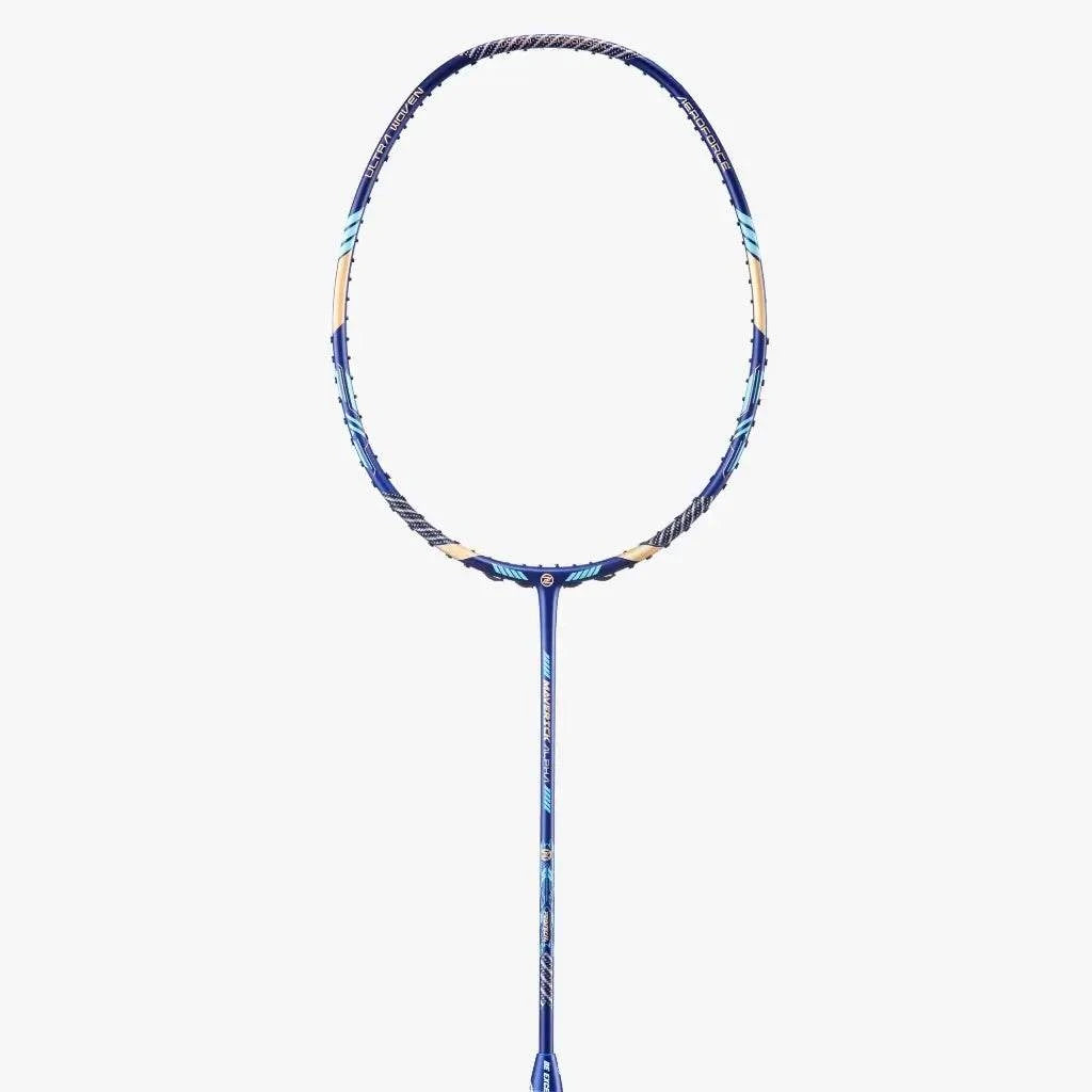 PROTECH MAVERICK ALPHA badminton racket with a blue and purple graphite frame, oval head, slim shaft and colourful accents