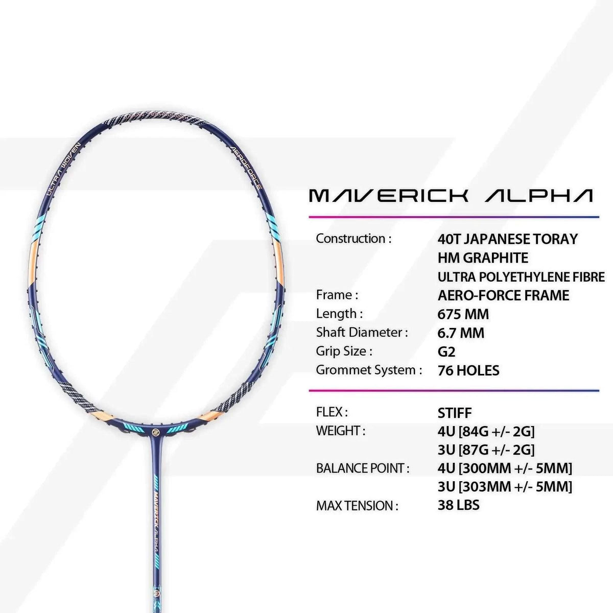 PROTECH MAVERICK ALPHA badminton racket with a blue, purple and black graphite frame, slim shaft and stiff profile