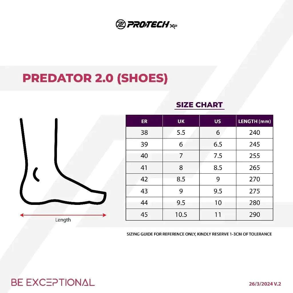PROTECH PREDATOR 2.0 Badminton Shoes size chart with EU, UK and US sizes, foot outline and length measurements