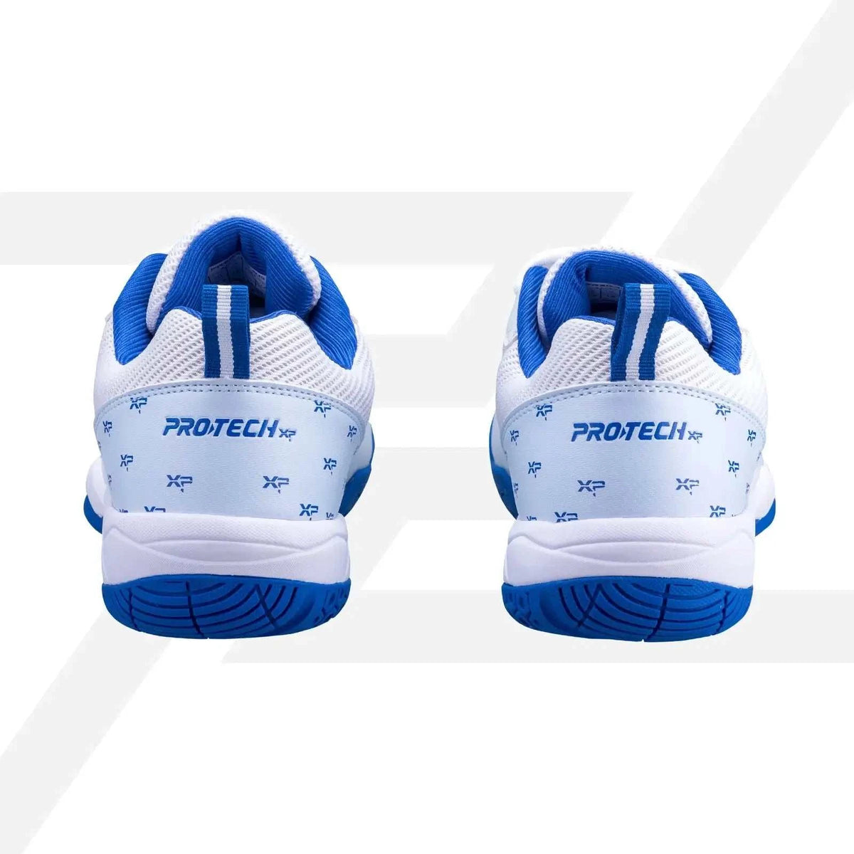 PROTECH PREDATOR 2.0 Badminton Shoes in white and blue with patterned heel panels and blue rubber outsoles