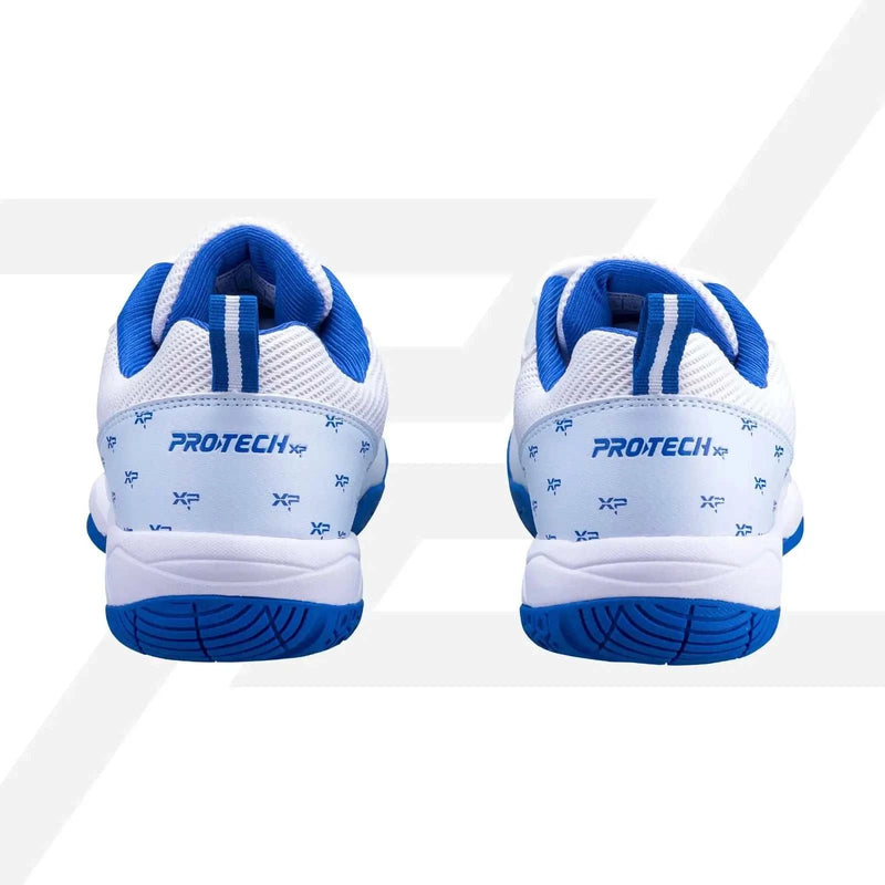 PROTECH PREDATOR 2.0 Badminton Shoes in white and blue with patterned heel panels and blue rubber outsoles