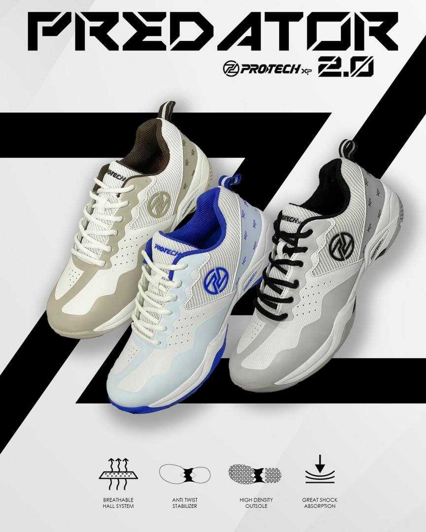 PROTECH PREDATOR 2.0 Badminton Shoes in white and pale blue with mesh panels, contrast laces and court soles