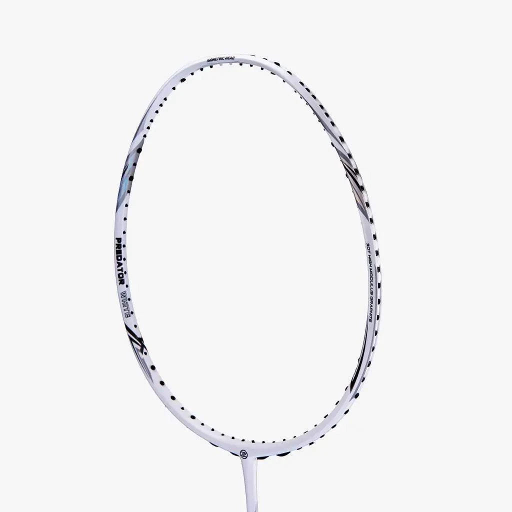 PROTECH PREDATOR WHITE 8 badminton racket with a white graphite frame, black accents and an unstrung oval head
