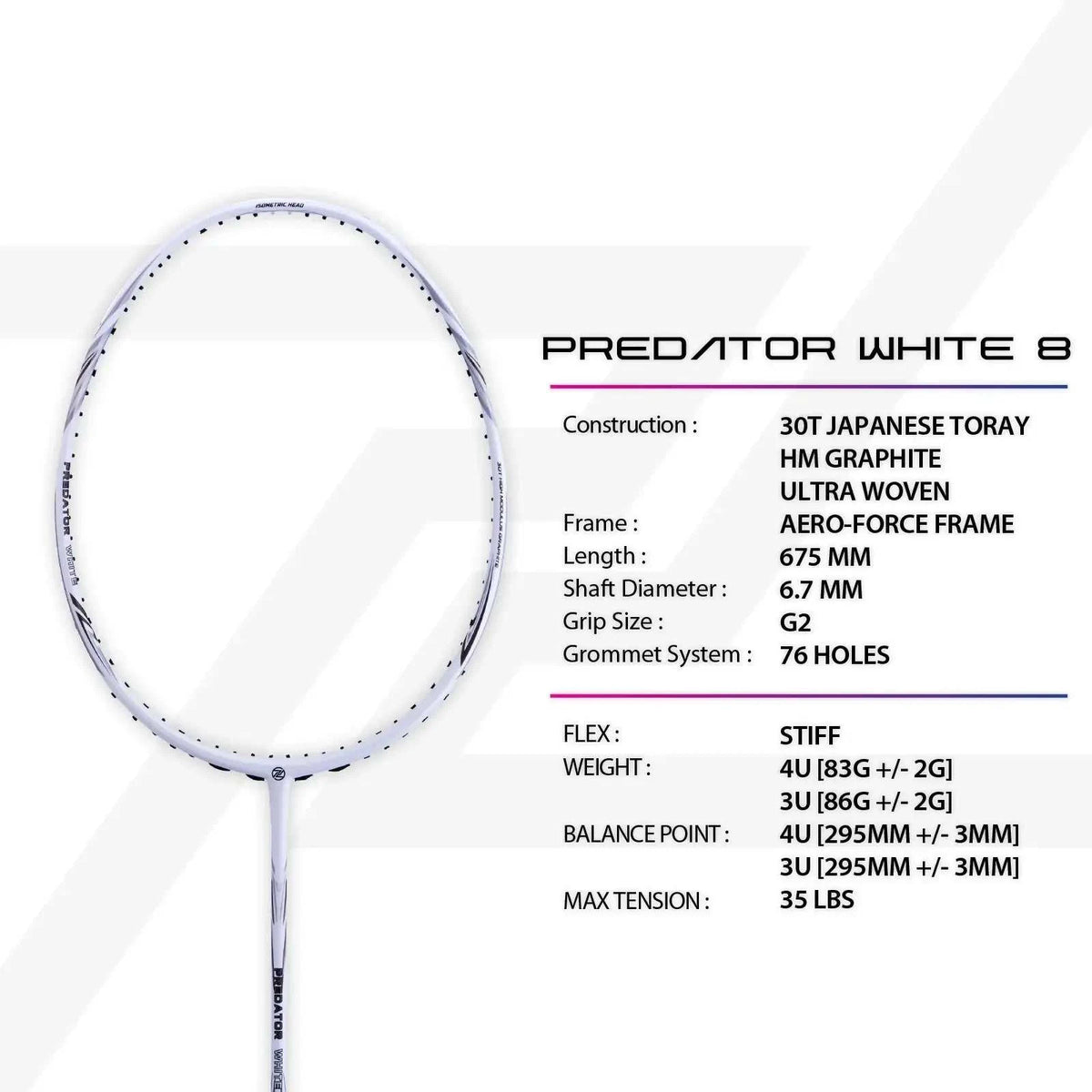 パラスター ホワイト PROTECH PREDATOR WHITE 8 Badminton Racket - Max 35LBS – Badminton