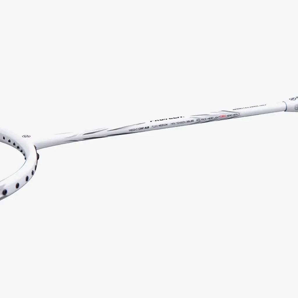 PROTECH PREDATOR WHITE 8 badminton racket with a slim white graphite shaft, dark accents and grommeted frame