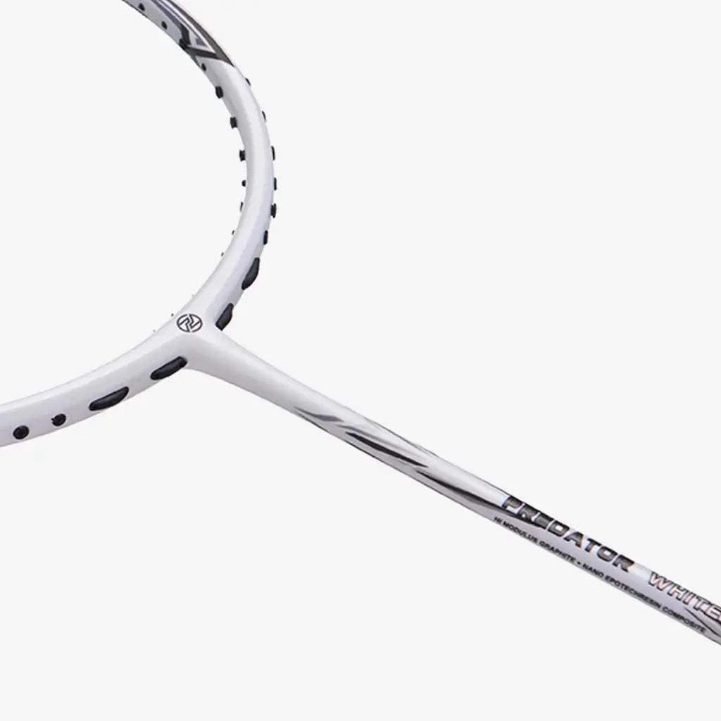 Badminton racket PROTECH PREDATOR WHITE 8 with a white graphite frame, black details and a slim shaft.