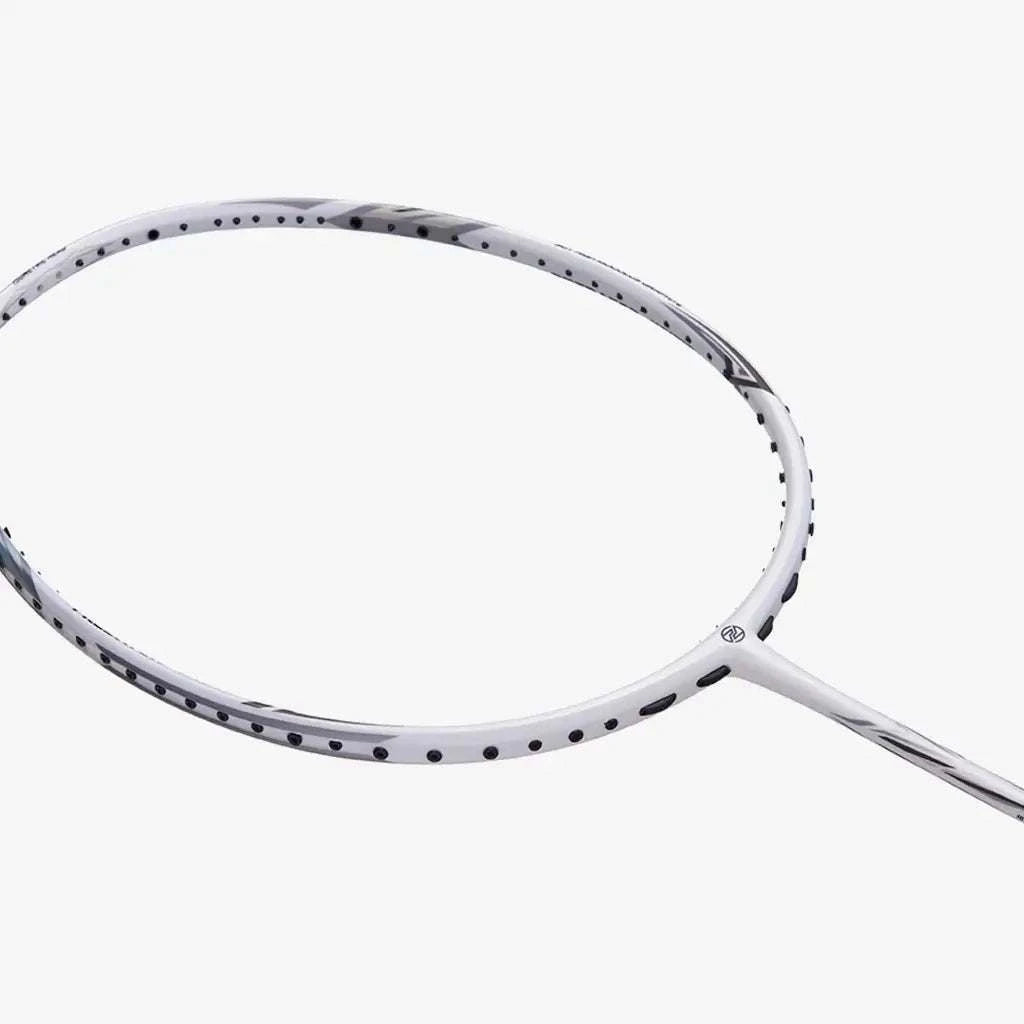 PROTECH PREDATOR WHITE 8 badminton racket with a white graphite frame, black accents and an open, unstrung head