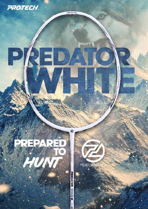Badminton racket PROTECH PREDATOR WHITE 8 with a white and grey patterned frame, slim shaft and Predator branding