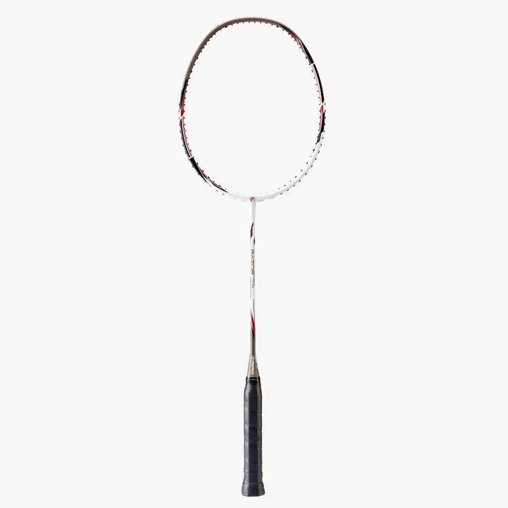 PROTECH RAZOR D-11 badminton racket with a white oval head, black and red accents, graphite shaft and black grip
