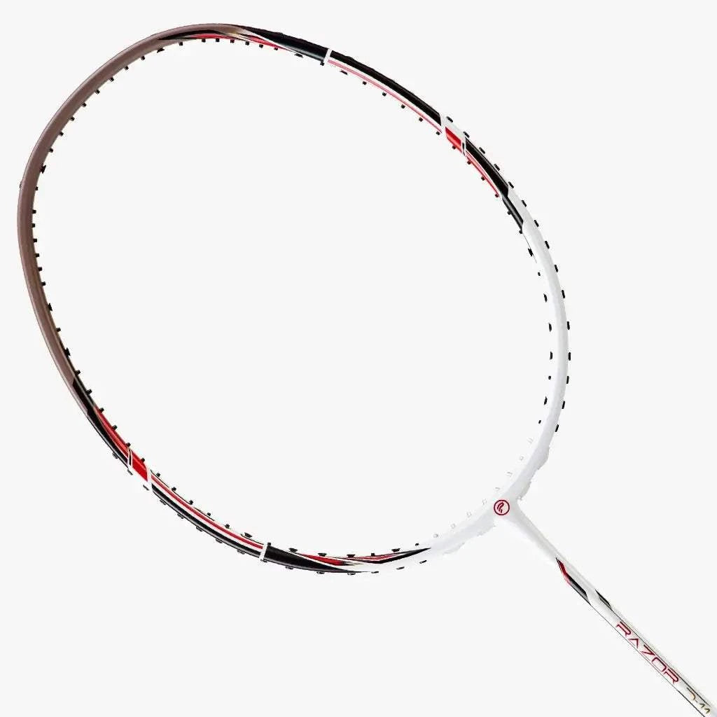 PROTECH RAZOR D-11 badminton racket with a white, black and red graphite frame and isometric head