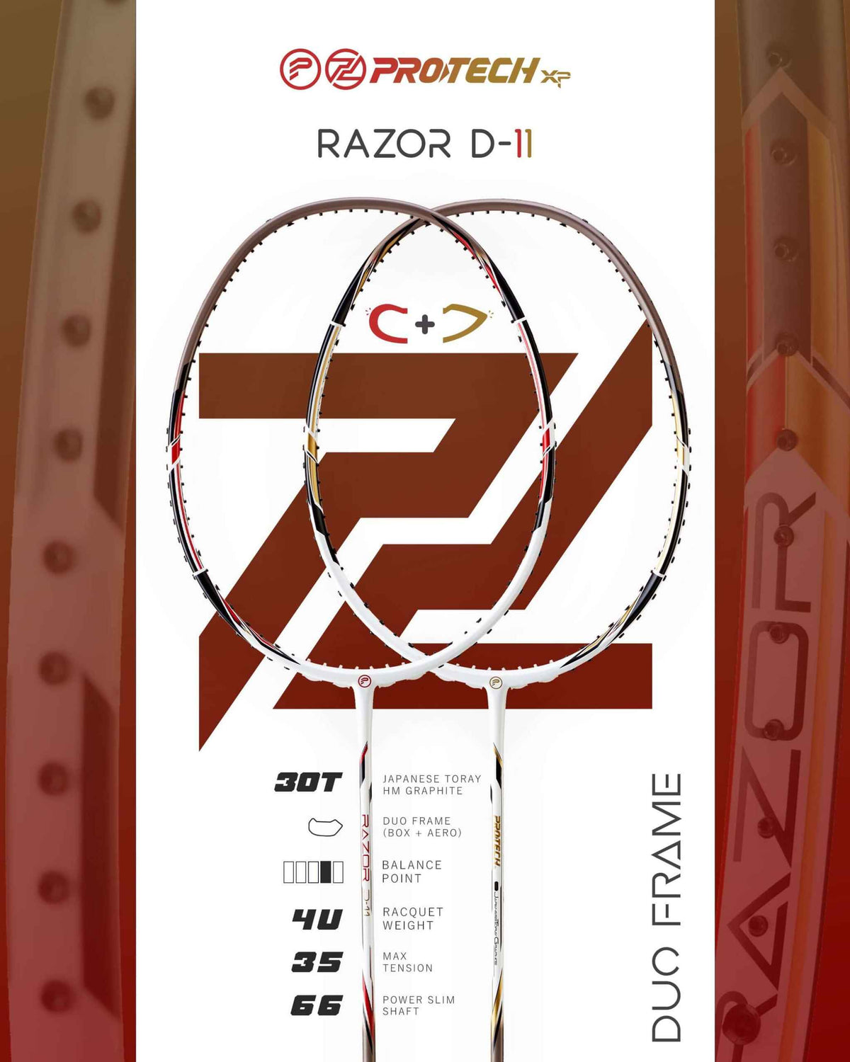 PROTECH RAZOR D-11 badminton racket pair with white and brown oval frames, graphite shafts and DUO FRAME design