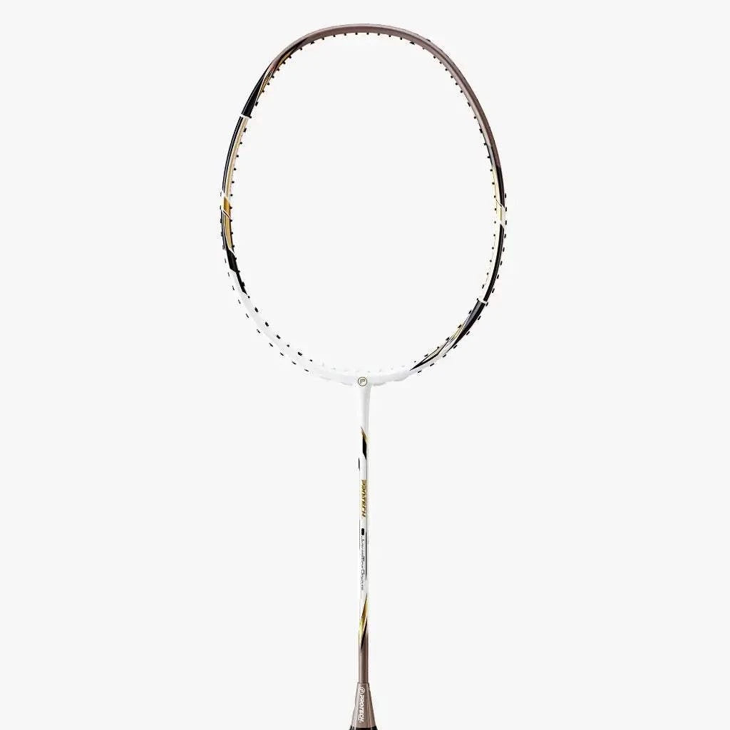 PROTECH RAZOR D-11 badminton racket with a white graphite frame, black and gold accents, and an isometric head