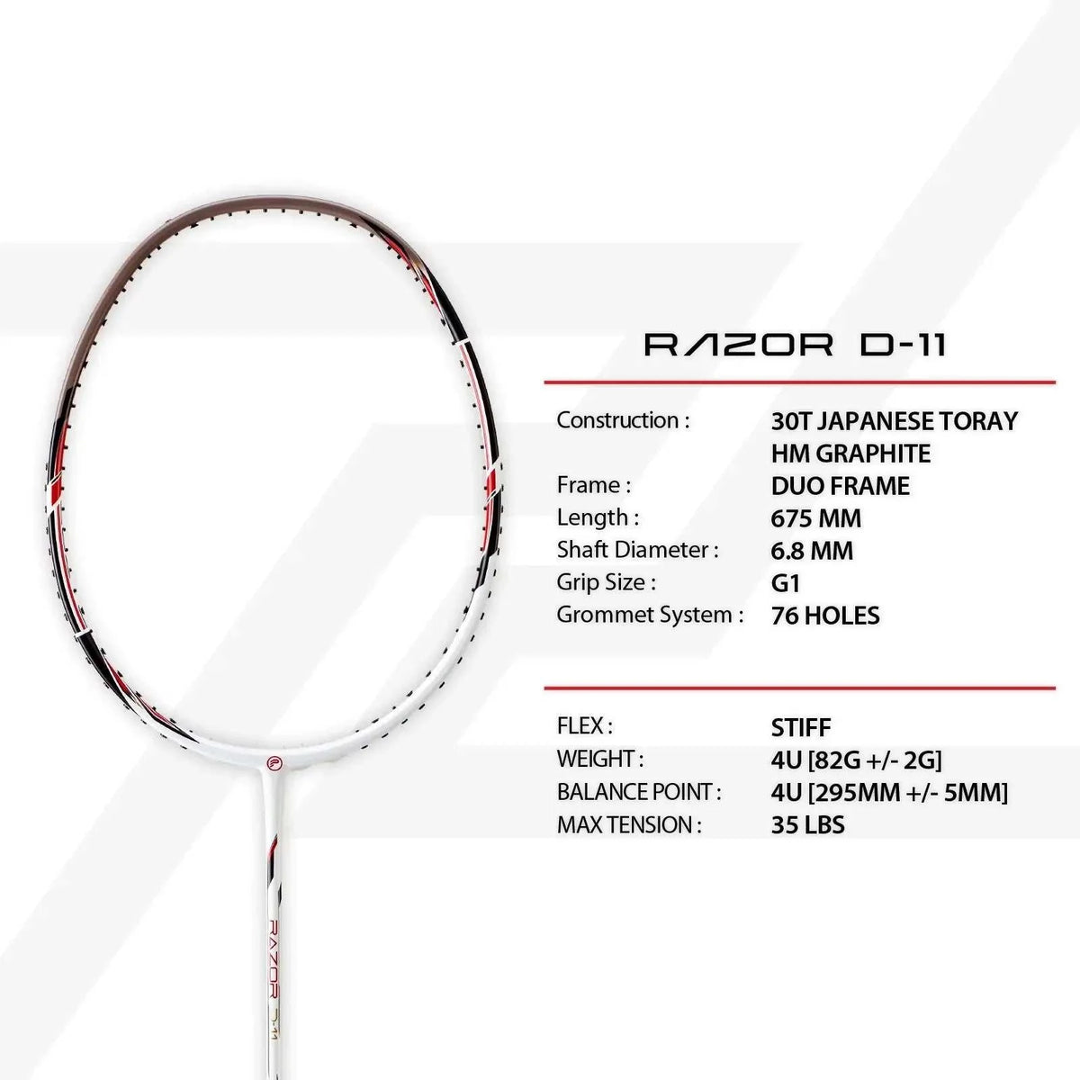PROTECH RAZOR D-11 badminton racket with a white graphite frame, black and red accents, and an isometric head