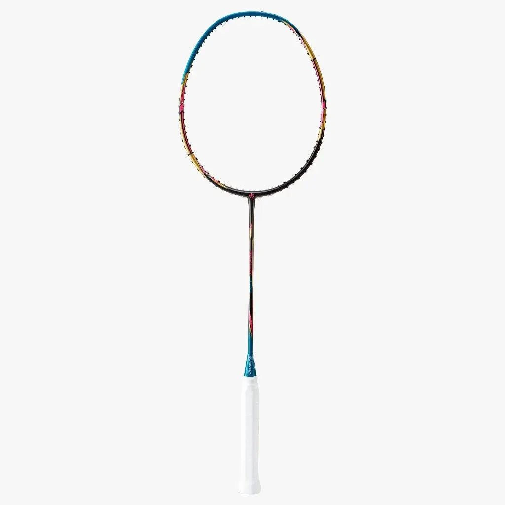 PROTECH RAZOR D-33 badminton racket with a black oval frame, blue and multicoloured accents, and white grip