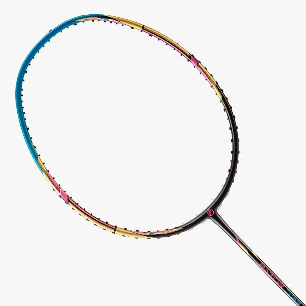 PROTECH RAZOR D-33 badminton racket with a slim graphite frame in blue, pink, gold and black accents