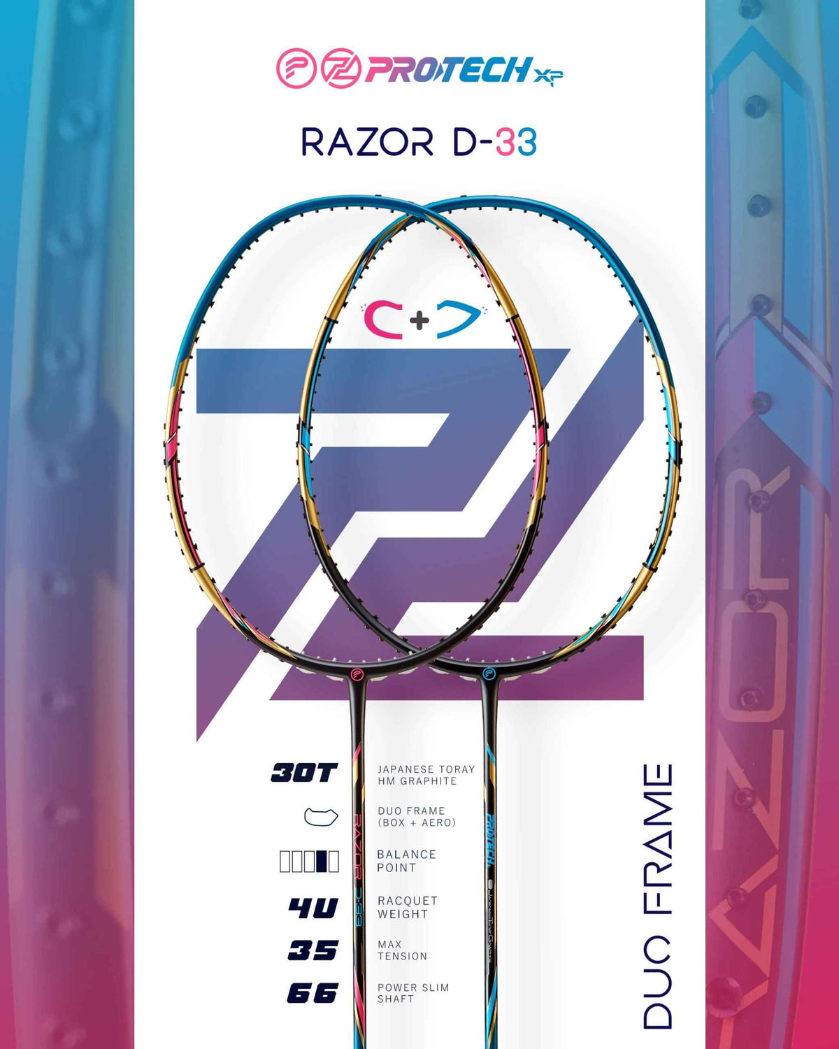 PROTECH RAZOR D-33 badminton racket pair with slim oval frames, multicoloured accents, and dark handles