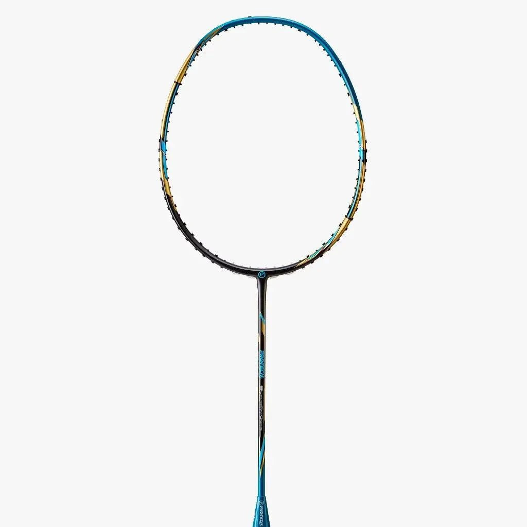 PROTECH RAZOR D-33 badminton racket with a black graphite frame, blue and gold accents, and an oval head