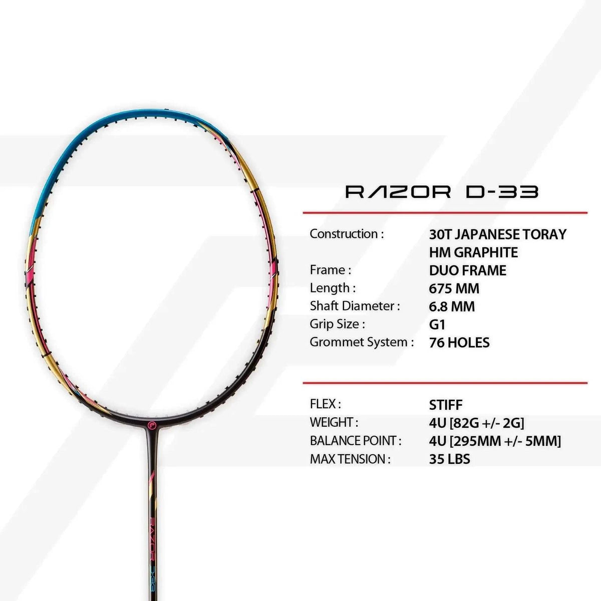 PROTECH RAZOR D-33 badminton racket with a slim black graphite frame accented in blue, pink, and yellow