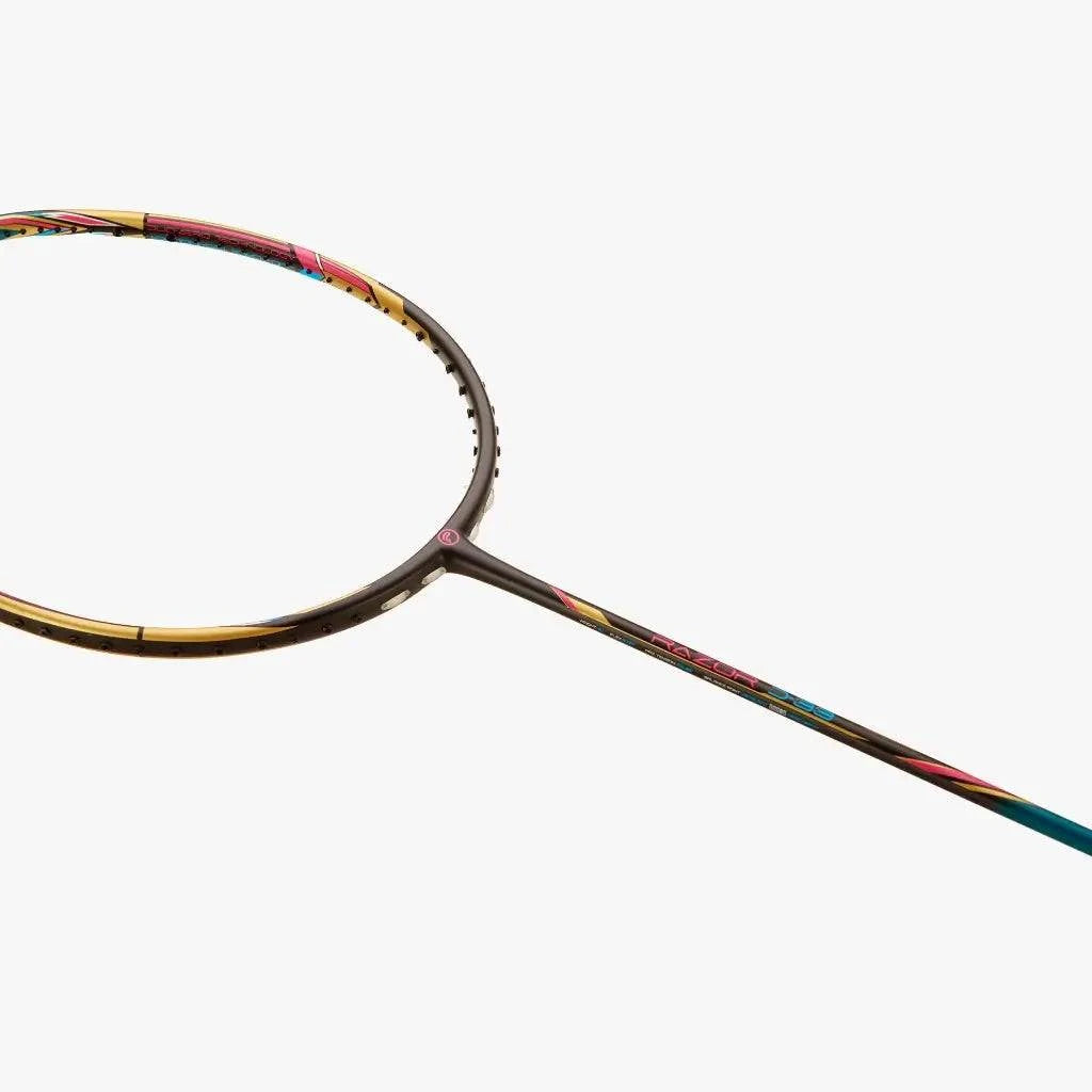 PROTECH RAZOR D-33 badminton racket with a dark graphite frame and multicoloured geometric accents