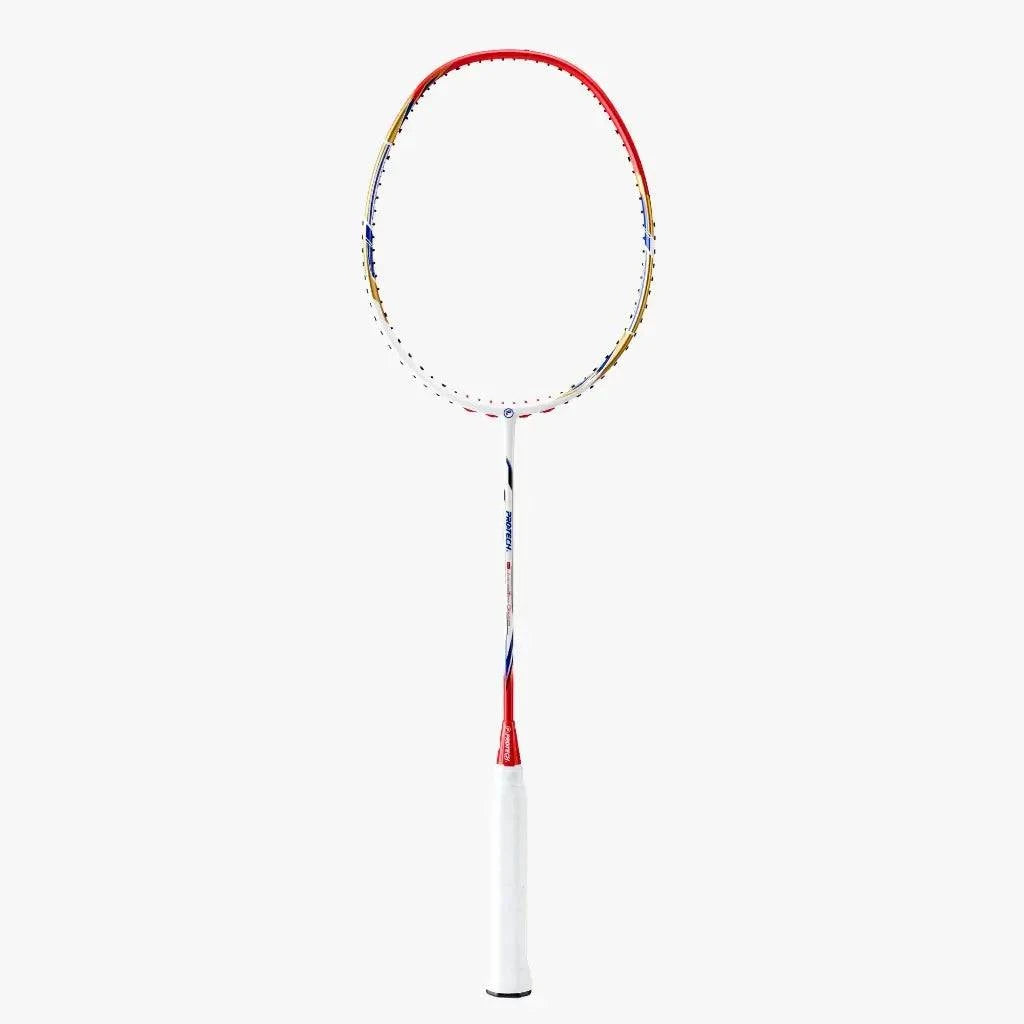 PROTECH RAZOR D-77 badminton racket with a slim graphite frame, red, blue and yellow accents, and white grip