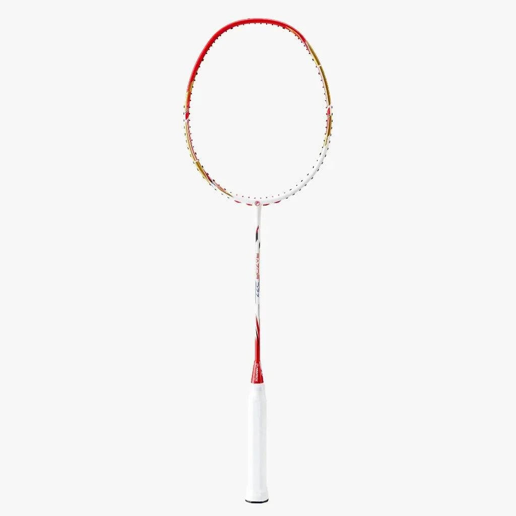 PROTECH RAZOR D-77 badminton racket with a red, white and gold frame, slim shaft and white grip