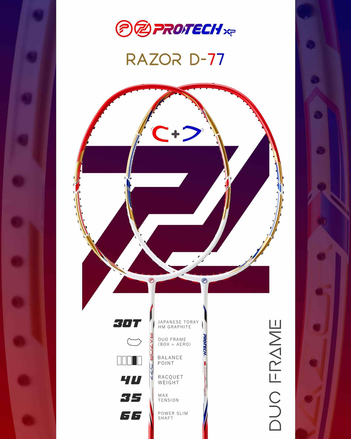PROTECH RAZOR D-77 badminton racket pair with red and white oval frames, graphite shafts, and DUO FRAME design