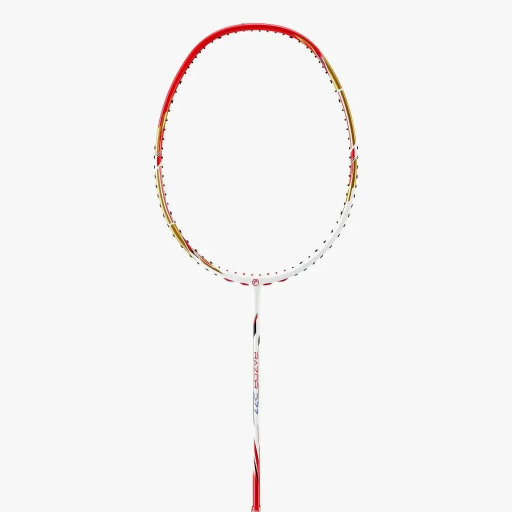 PROTECH RAZOR D-77 badminton racket with a red, white and gold frame, oval string bed and slim shaft